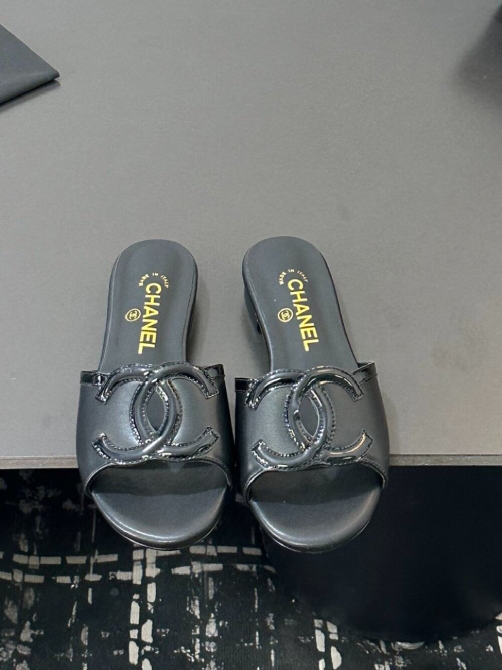 Chanel Iconic CC Logo Black Leather Flat Slides Sandals